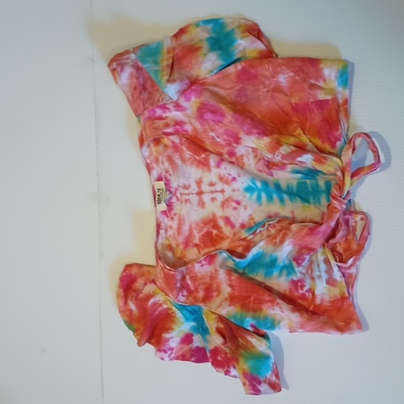 Mochi Orange Colorful Tie Dye Ruffle Cap Sleeve Wrap Front Crop Top A18 - Picture 1 of 5